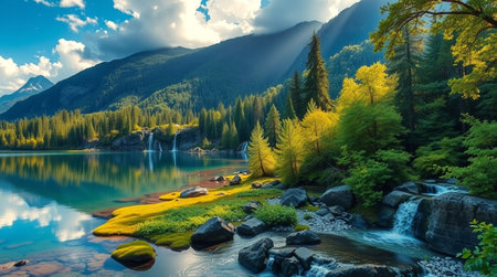 Fantastic panorama of the mountain lake. Beauty of nature.の写真素材