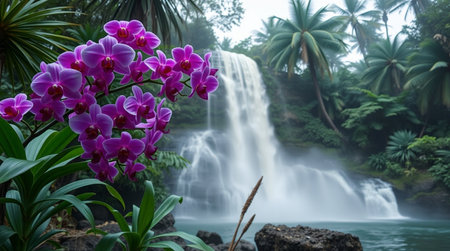 Beautiful purple orchid flowers and waterfall in the garden,Thailandの写真素材