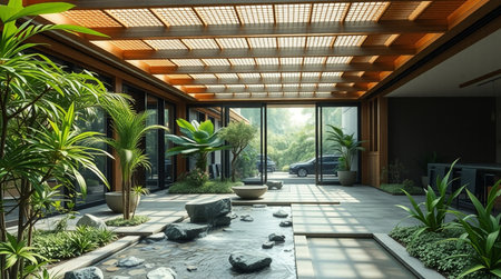 Interior of a modern villa with terrace and garden viewの写真素材