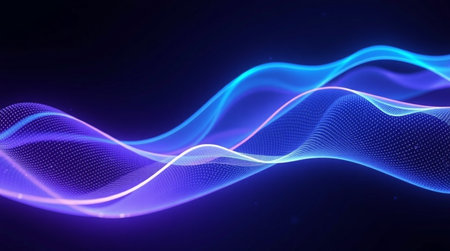 3D illustration of a blue abstract background with glowing particles and waves