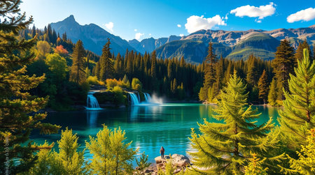 Beautiful alpine lake with clear turquoise water and reflection of mountains in the water. Popular travel destination.の写真素材
