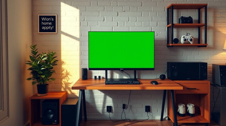 Computer with green screen on the table in the living room. 3d rendering.