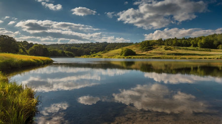 Beautiful summer landscape with lake and clouds reflected in the water.の写真素材