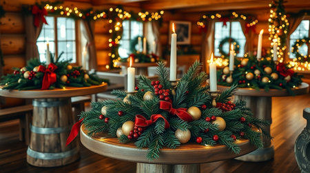 Christmas decoration with burning candles and fir branches on wooden table in cafeの写真素材
