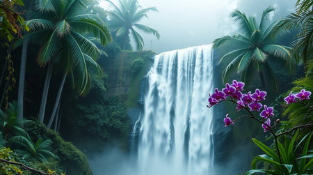 Tropical waterfall with pink orchids in the jungle.の写真素材