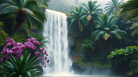 Beautiful waterfall with orchids and palm trees in tropical gardenの写真素材