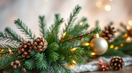 Christmas background with fir branches, pine cones and bokeh lights