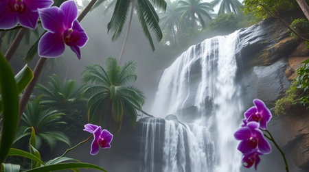 Beautiful waterfall in the tropical forest with purple orchids.の写真素材