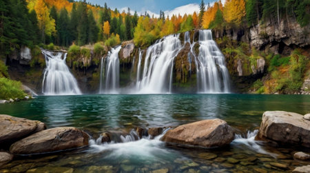 Autumn landscape with waterfall in the mountains. Colorful autumn forest and lake.の写真素材