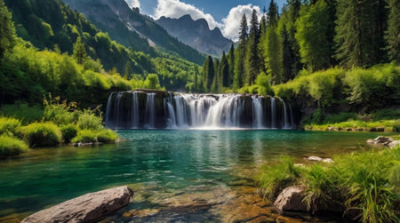 Panoramic view of a beautiful waterfall in the Italian Alps.の写真素材