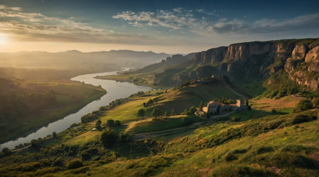 Panoramic view of the valley and the castle in the mountains.の写真素材