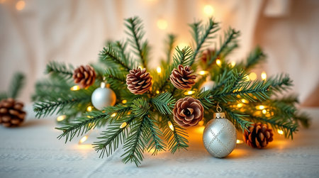Christmas tree branches with cones and christmas balls on a wooden backgroundの写真素材