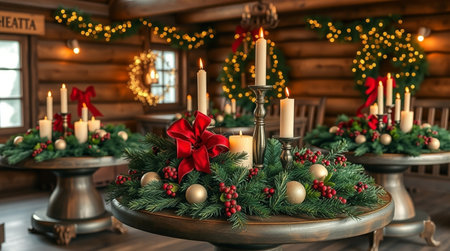 Christmas decoration with burning candles, baubles and fir branches on wooden table indoorsの写真素材