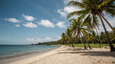 Tropical beach with coconut palm trees at Seychellesの写真素材