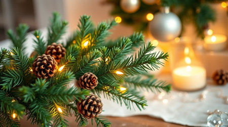 Christmas tree branches with pine cones and garland on the background of burning candlesの写真素材