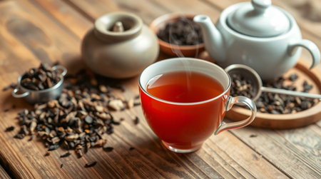 Cup of tea and teapot on wooden table, closeupの写真素材