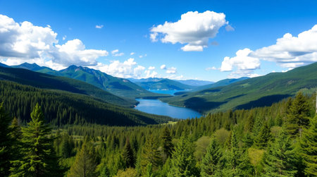Panoramic view of the lake in the mountains. Summer landscape