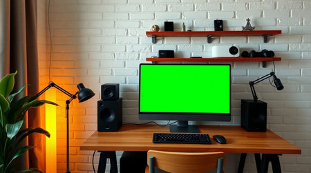 Computer with green screen on wooden desk in modern room. 3d render