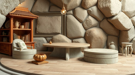 3D rendering of a living room with a stone wall and a wooden tableの写真素材