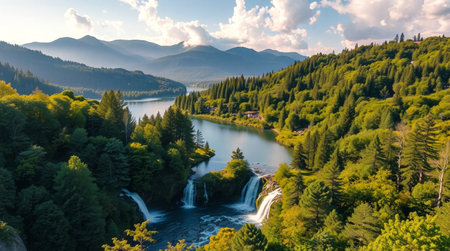Aerial view of the waterfall in the Carpathian mountains.