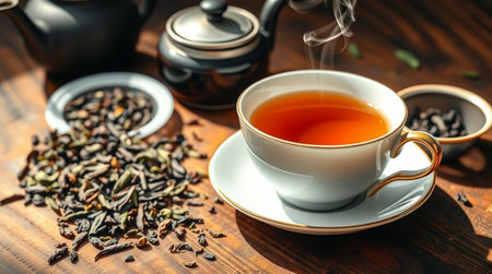 Cup of tea and teapot on wooden table, closeupの写真素材