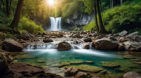 Panoramic view of beautiful waterfall in green forest with sunlight.