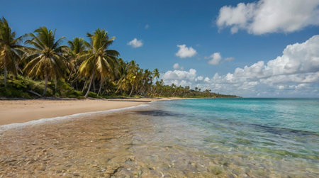 Panoramic view of a beautiful tropical beach with palm trees and sandの写真素材
