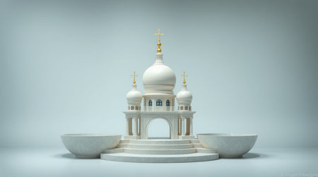 3d rendering of white marble church with golden domes on white backgroundの写真素材