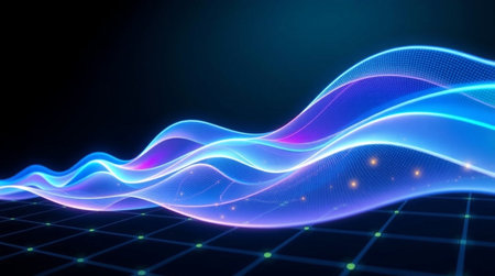 3d illustration of abstract digital technology background with glowing particles and wave lines