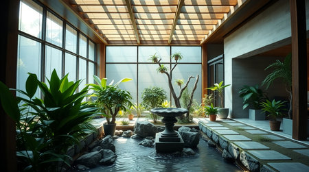 Tropical garden with pond and plants in the room, stock photoの写真素材