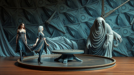 3d illustration of two women in the room with a big mirror