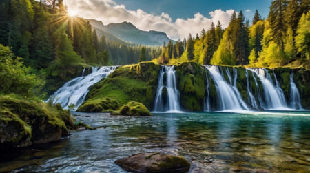 Panoramic view of the waterfalls in the Austrian Alps.の写真素材