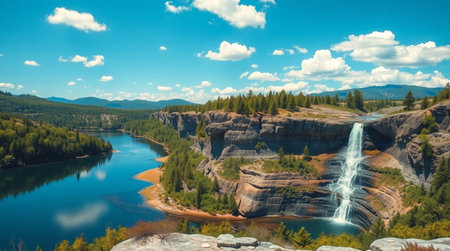 Panoramic view of the lake and the waterfall in the mountainsの写真素材