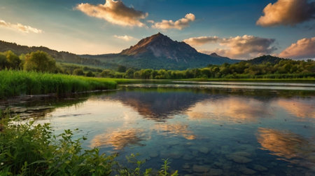 Beautiful summer landscape with mountain lake and blue sky with clouds.の写真素材