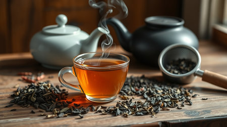 Cup of tea with teapot on wooden table, closeupの写真素材