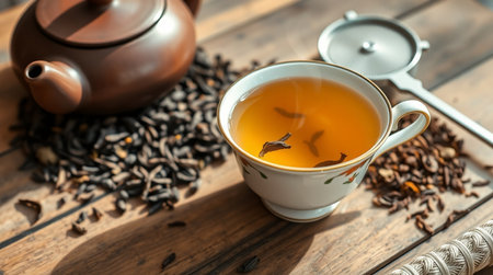 Cup of tea with teapot on wooden table, closeupの写真素材