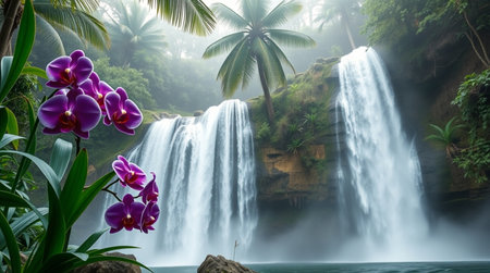 Tropical waterfall with beautiful orchid flowers in the jungle.の写真素材