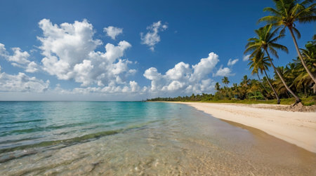 Panoramic view of tropical beach with coconut palm trees and blue skyの写真素材