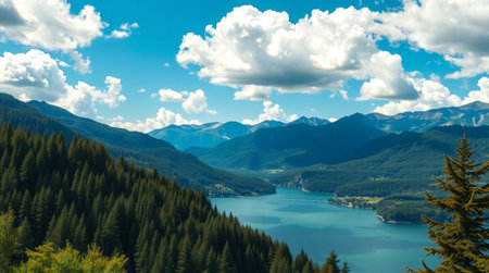 panoramic view of lake and mountains in alps, austriaの写真素材