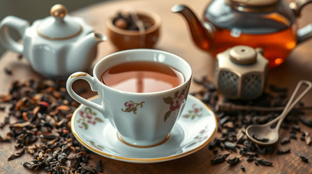Cup of tea with teapot on wooden table, closeupの写真素材