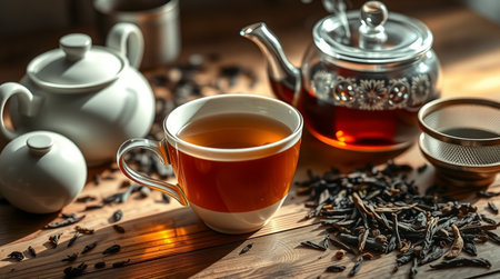 Tea in a cup and teapot on a wooden table.の写真素材