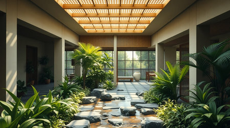 Interior design of luxury villa with tropical garden. 3d renderの写真素材