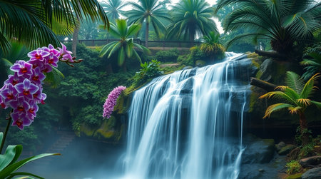 Beautiful waterfall in the tropical garden. Waterfall in the jungle.の写真素材
