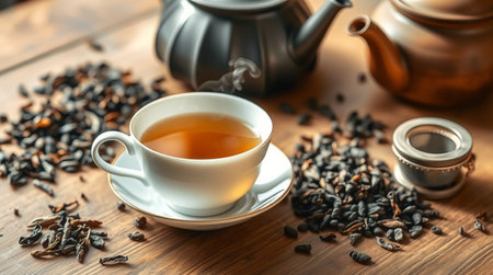 Cup of tea and teapot on wooden table, closeupの写真素材
