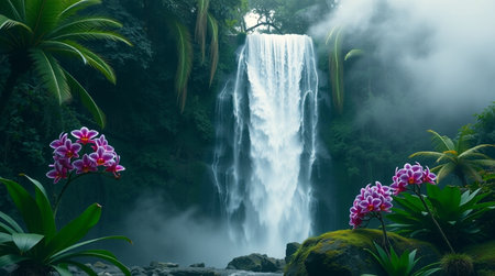 Tropical waterfall in rainforest with pink orchids.