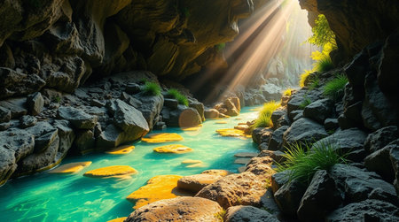 Beautiful view of turquoise water in the cave with sunlightの写真素材