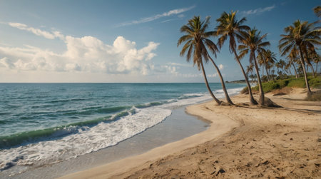 Tropical beach with palm trees and blue sky - panorama