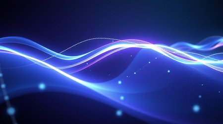 Glowing blue wave with particles on dark background. 3d rendering