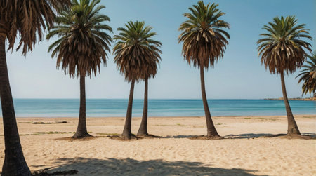 Palm trees on the sandy beach of the Mediterranean Sea, Spain