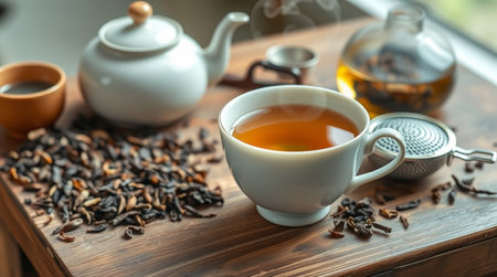 Cup of tea with teapot on wooden table, closeupの写真素材